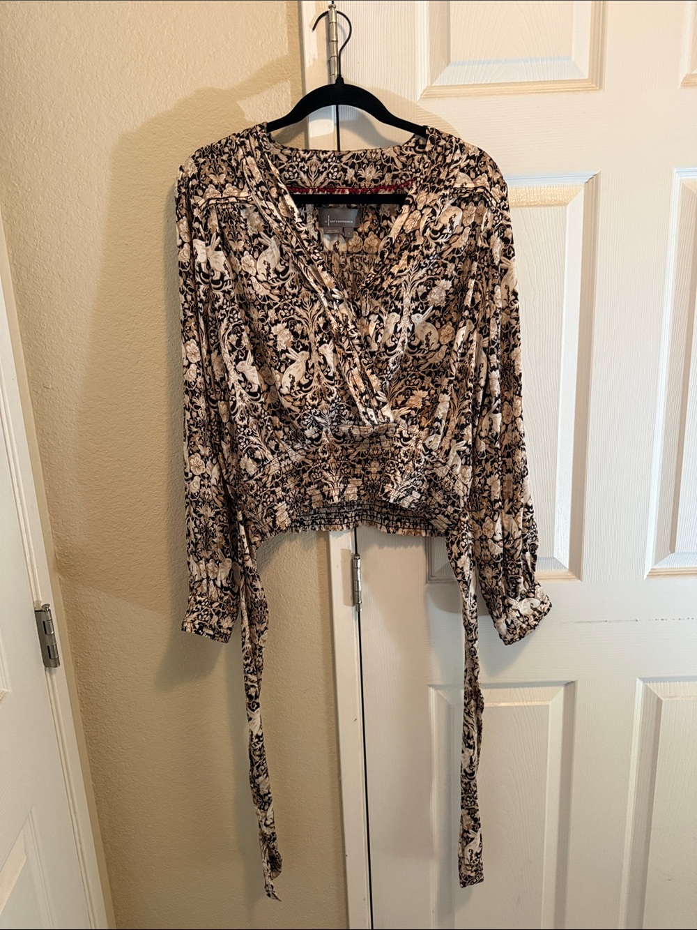 Anthropologie Black & Cream Satin Floral Wrap Blouse
